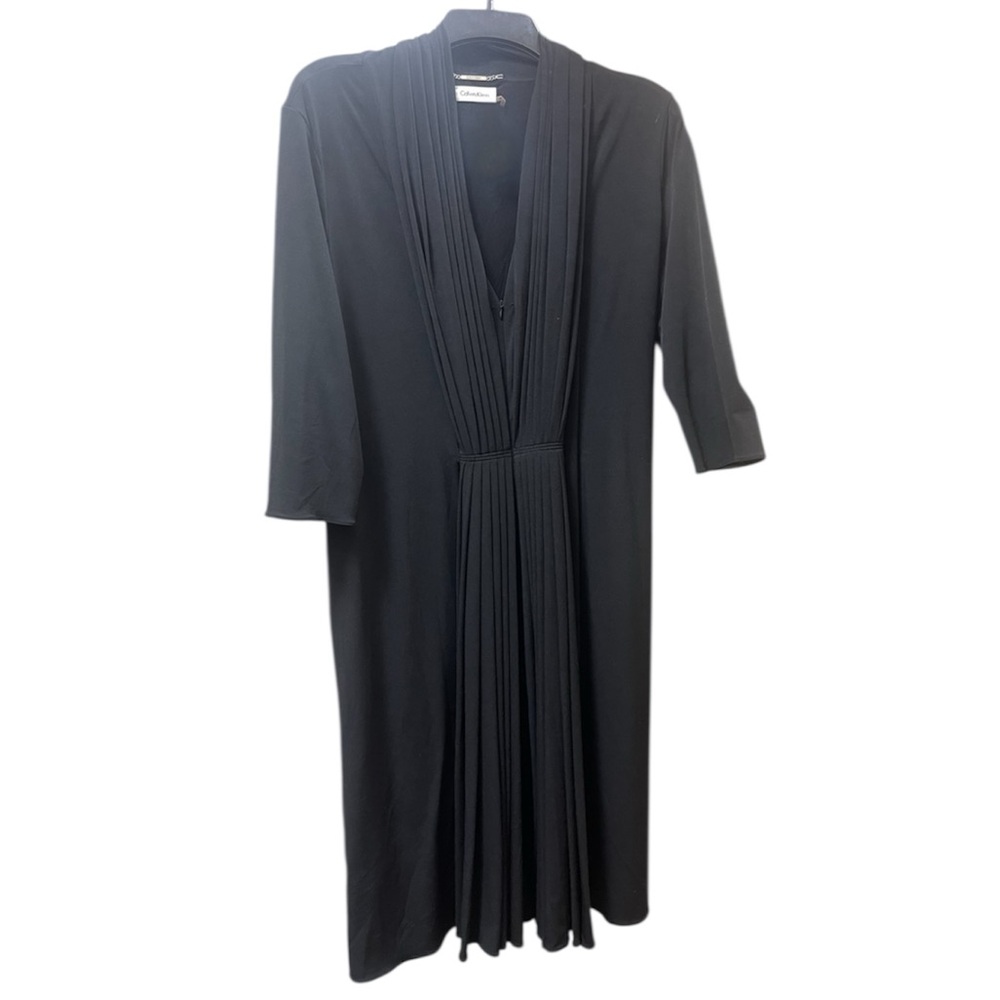 Calvin Klein Solid Black Pleated Front 3/4 Long Sleeve Midi Dress Size 14